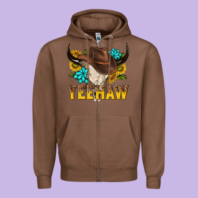 Yeehaw Bull Skull Zipper Hoodie Designed By Nancycooperartshop