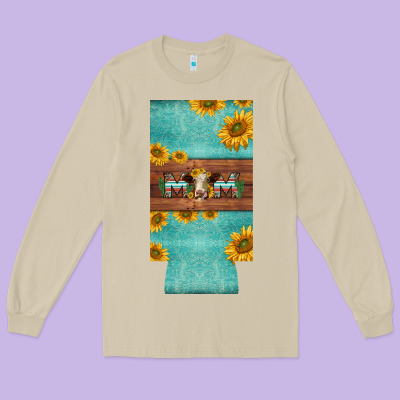 Mom Hereford Cattle Sunflowers On Tooled Leather Slim Can Cooler Long Sleeve Tee Designed By Barkaloodesign
