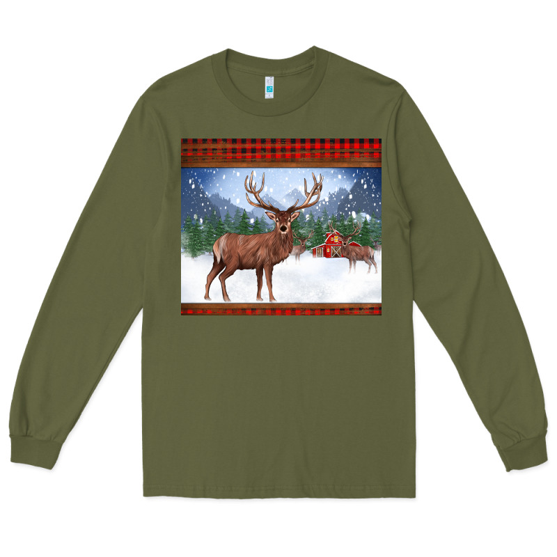 Christmas Reindeer Red Barn Country Farm Christmas Long Sleeve Tee by BarkalooDesign | Teevron