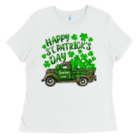 White happy st. patricks day shamrock farm truck Ladies Tee - RanaPortraitStore