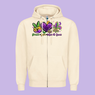 Peace Love Mardi Gras Zipper Hoodie Designed By Maliassmallbusiness