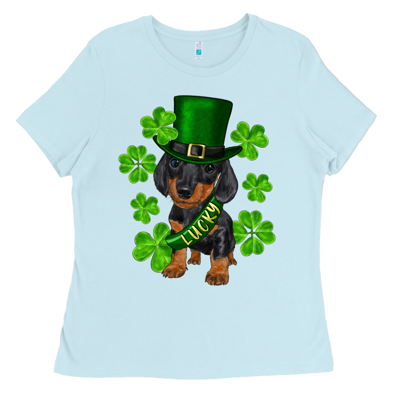 St. Patricks Day Lucky Dachshund Puppy Ladies Tee by RanaPortraitStore | Teevron
