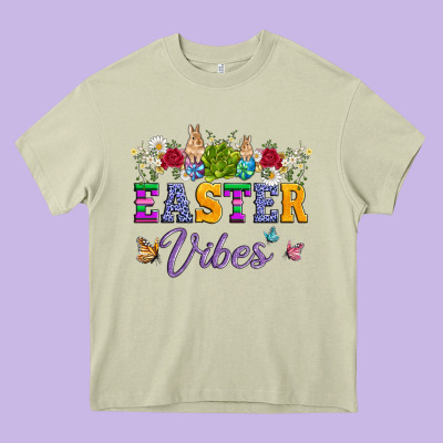 Easter Vibes And Butterfly With Bunny And Flowers Heavy Core Tee Designed By Artiststas