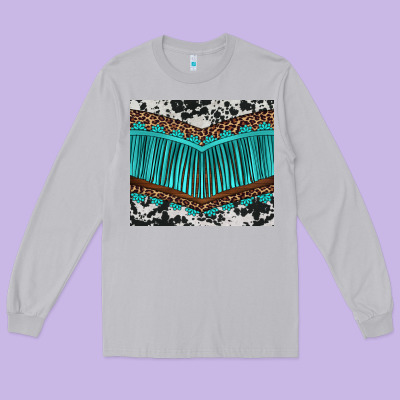 Western Cowhide Leopard Turquoise Fringed Long Sleeve Tee Designed By Barkaloodesign