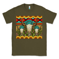Army Green bull skulls gemstones and cactus with leopard and aztec Classic Tee - Artiststas
