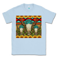 Dusty Blue bull skulls gemstones and cactus with leopard and aztec Classic Tee - Artiststas