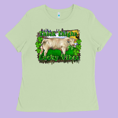 Ladies Tee thick thighs lucky vibes charolais bull