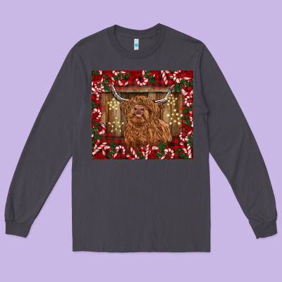 Christmas Highland Cow With Candy Canes Long Sleeve Tee Designed By Barkaloodesign
