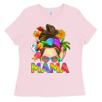 Bubblegum Pink messy bun mama summer Ladies Tee - RanaPortraitStore