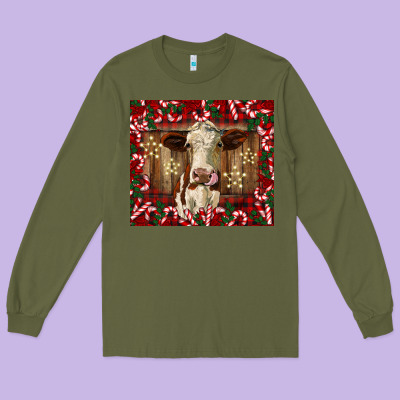 Christmas Heifer With Candy Canes Long Sleeve Tee Designed By Barkaloodesign