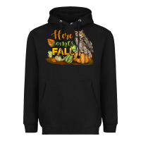 Black Here Comes Fall Owl Heavyweight Hoodie - LillyAllenDesigns