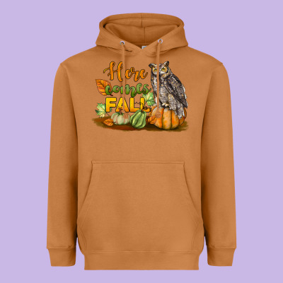 Here Comes Fall Owl Heavyweight Hoodie Designed By Lillyallendesigns