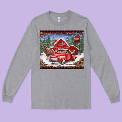 Christmas Farm Reindeer And Truck Long Sleeve Tee Designed By Barkaloodesign