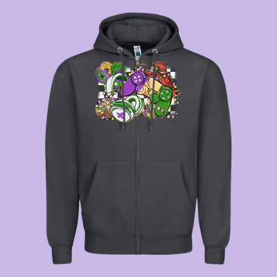 Gamer Mardi Gras Game Controller Zipper Hoodie Designed By Maliassmallbusiness