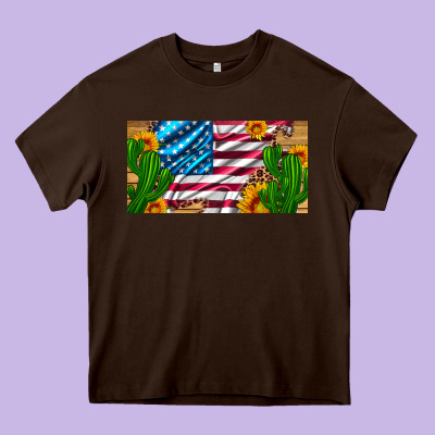 Usa Flag And Cactus And Sunflowers With Leopard And Wood License  Plat Heavy Core Tee Designed By Artiststas