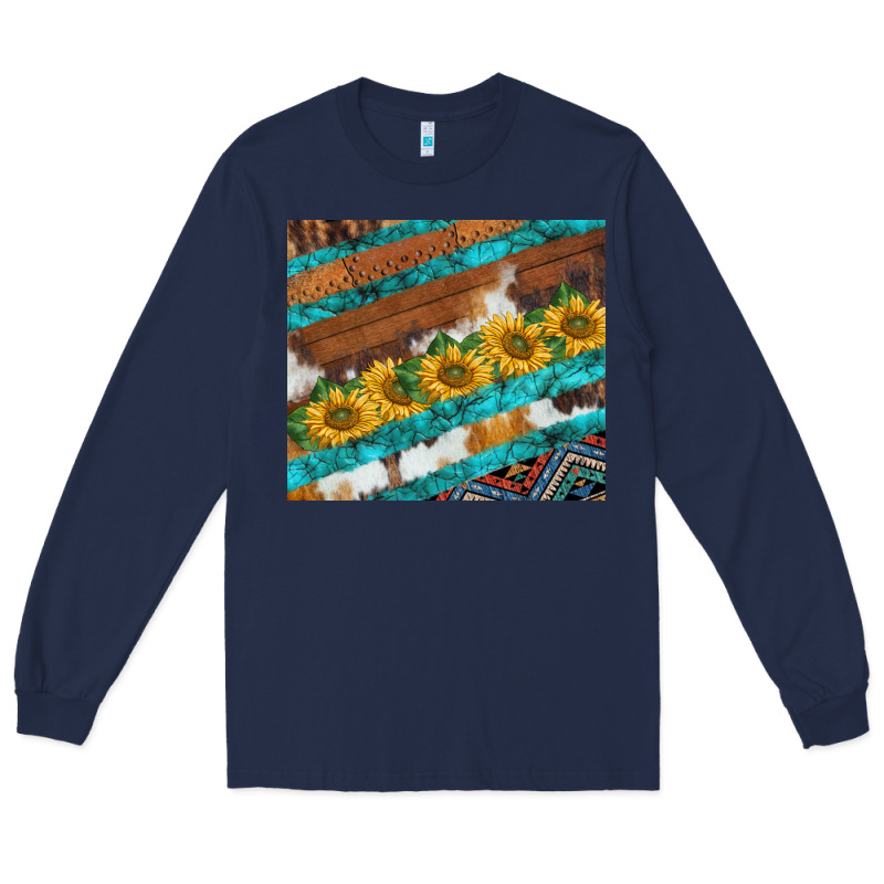 Western Aztec Sunflowers Turquoise Cowhide Long Sleeve Tee by BarkalooDesign | Teevron