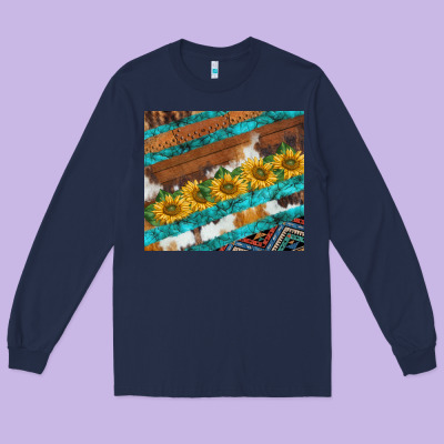 Western Aztec Sunflowers Turquoise Cowhide Long Sleeve Tee Designed By Barkaloodesign