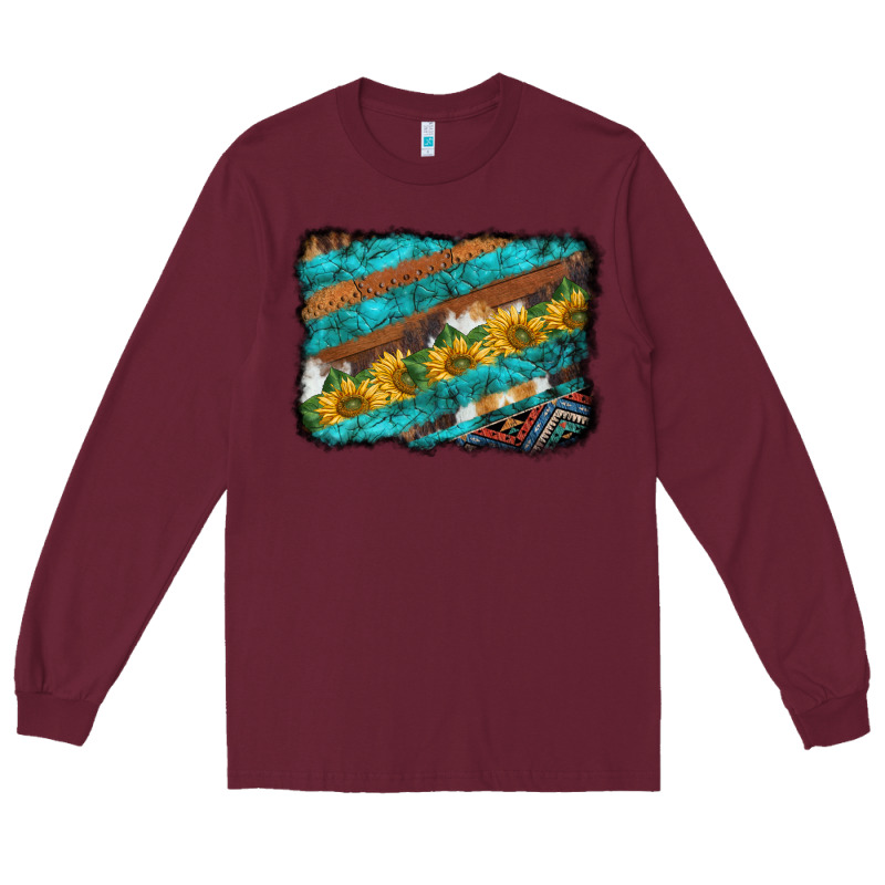 Western Aztec Sunflowers Turquoise Cowhide Background Long Sleeve Tee by BarkalooDesign | Teevron