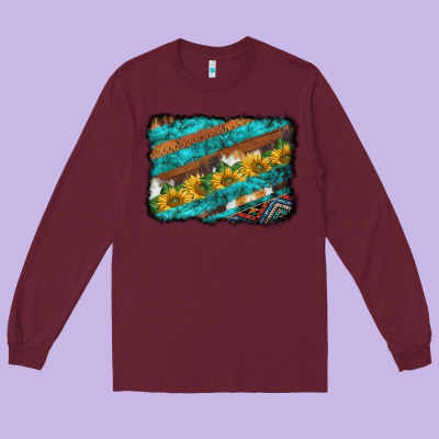 Western Aztec Sunflowers Turquoise Cowhide Background Long Sleeve Tee Designed By Barkaloodesign