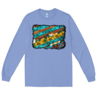 Colony Blue western aztec sunflowers turquoise cowhide background Long Sleeve Tee - BarkalooDesign