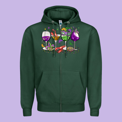 Mardi Gras Wine Glasses Zipper Hoodie Designed By Maliassmallbusiness