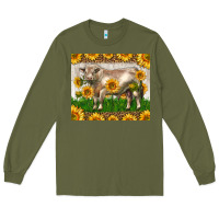 Army Green Western Charolais Bull With Sunflowers Long Sleeve Tee - LillyAllenDesigns