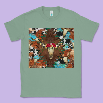 Western Floral Bullskull Cowhide And Leopard Classic Tee Designed By Artiststas