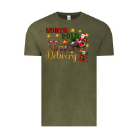 Vintage Olive North Pole Delivery Santa Sleigh Vintage Tee - Artiststas
