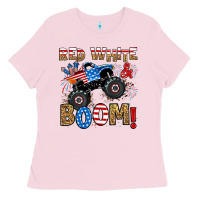 Bubblegum Pink red white boom monster truck Ladies Tee - RanaPortraitStore