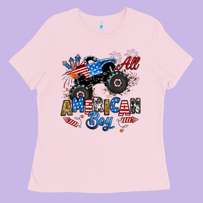 Ladies Tee fourth of july monster truck all american boy