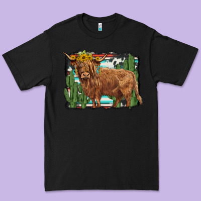 Western Cactus Highland Cow Premium Tee Designed By Barkaloodesign