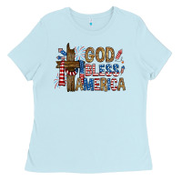 Baby Blue god  bless america with cross Ladies Tee - RanaPortraitStore