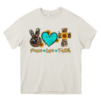 Cream peace love faith with cros and sunflower Heavy Core Tee - Artiststas