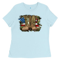 Baby Blue american flag with army boots Ladies Tee - RanaPortraitStore