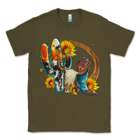 Army Green western cactus bullskull and boots with sunflowers and serape leopard Classic Tee - Artiststas