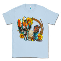 Dusty Blue western cactus bullskull and boots with sunflowers and serape leopard Classic Tee - Artiststas