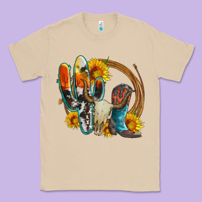 Western Cactus Bullskull And Boots With Sunflowers And Serape Leopard Classic Tee Designed By Artiststas