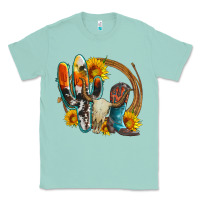 Seafoam western cactus bullskull and boots with sunflowers and serape leopard Classic Tee - Artiststas