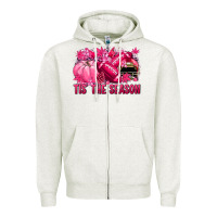 Oatmeal Heather Tis' the season Football Breast Cancer Zipper Hoodie - NancyCooperArtShop