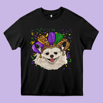 Heavy Core Tee Mardi Gras White Pomeranian with Hat