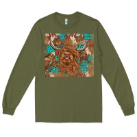 Army Green highland cow turquoise gemstones western patterns Long Sleeve Tee - BarkalooDesign