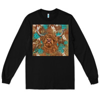 Black highland cow turquoise gemstones western patterns Long Sleeve Tee - BarkalooDesign