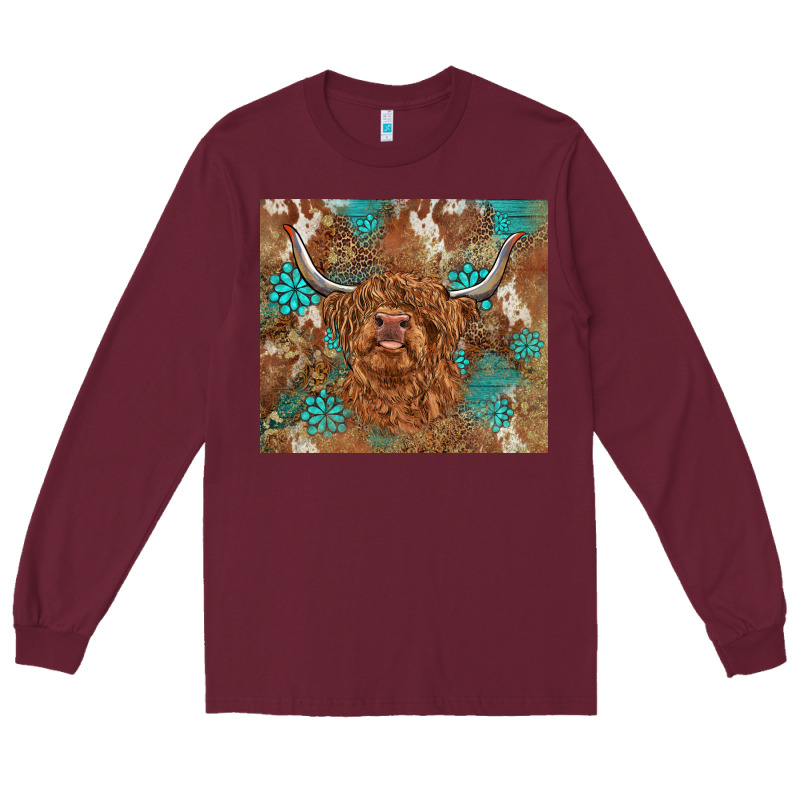 Highland Cow Turquoise Gemstones Western Patterns Long Sleeve Tee by BarkalooDesign | Teevron