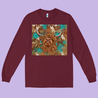 Highland Cow Turquoise Gemstones Western Patterns Long Sleeve Tee Designed By Barkaloodesign