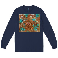 Navy highland cow turquoise gemstones western patterns Long Sleeve Tee - BarkalooDesign