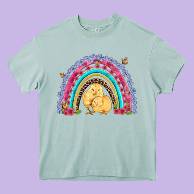 Easter Flowers And Butterfly With Chicks Rainbow Heavy Core Tee Designed By Artiststas