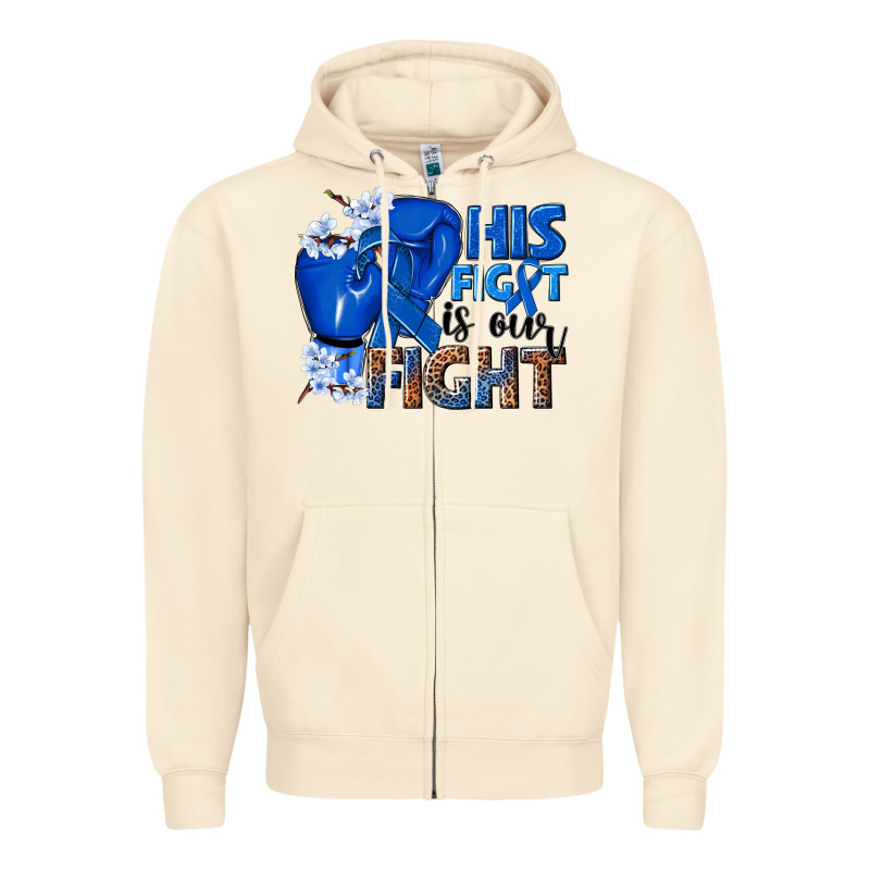 His Fight Is Our Fight Colon Cancer Blue Ribbon Zipper Hoodie by NancyCooperArtShop | Teevron