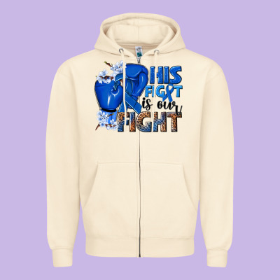 His Fight Is Our Fight Colon Cancer Blue Ribbon Zipper Hoodie Designed By Nancycooperartshop