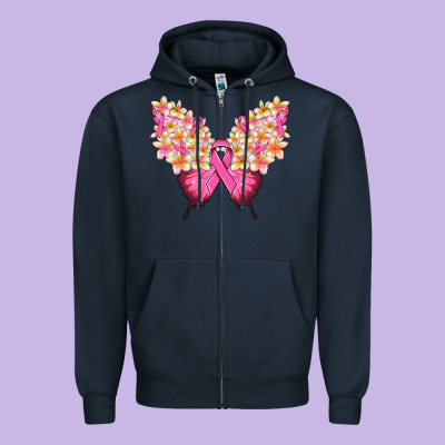Pink Ribbon Breast Cancer Butterfly Zipper Hoodie Designed By Nancycooperartshop