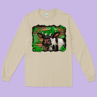 St Patricks Cow With Leopard Background Holstein Cow Long Sleeve Tee Designed By Jasminsmagicworld